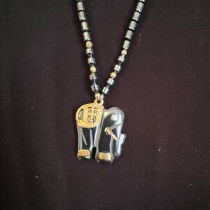 Vintage Hematite Elephant Pendant Necklace – 17” Hematite Beaded Chain